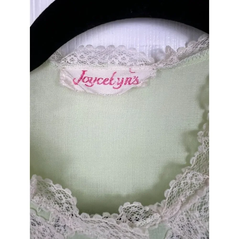 Vintage‎ 50s 60s cotton embroidered green floral lace button up night shirt L - Picture 2 of 9